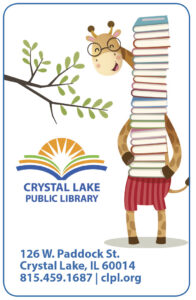 Image shows CLPL library card design with new library logo & a giraffe holding a stack of books