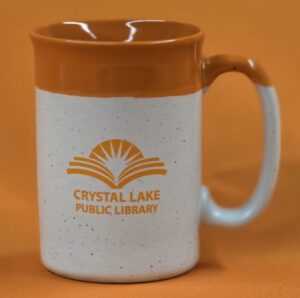 orange and white Crystal Lake Public Library mug