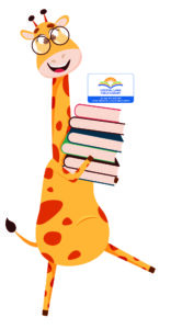 giraffe holding books and a library card