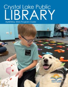 April May Program guide front page, boy reading to a dog