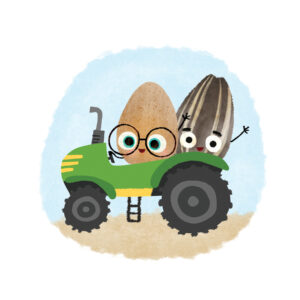 A potato and watermelon ride a farm tractor
